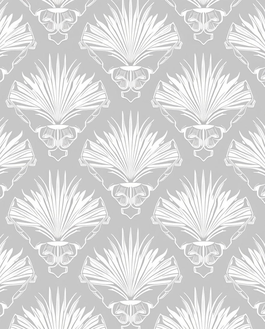 Grey White Stylized Palm Leaf Pattern Rug