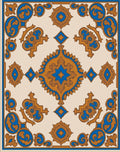 Ornate Blue Gold Scrollwork Medallion Rug