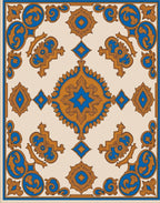 Ornate Blue Gold Scrollwork Medallion Rug