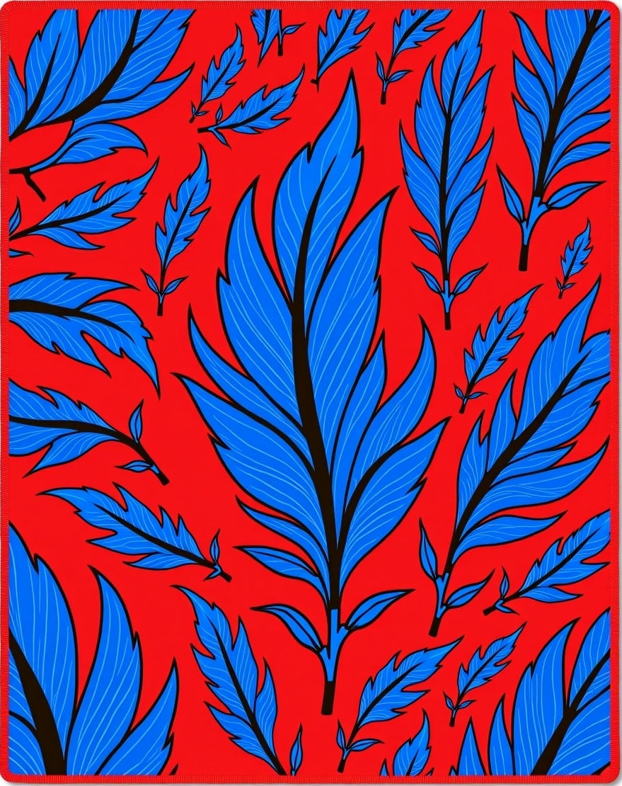 Blue Feather Patterned Red Rug