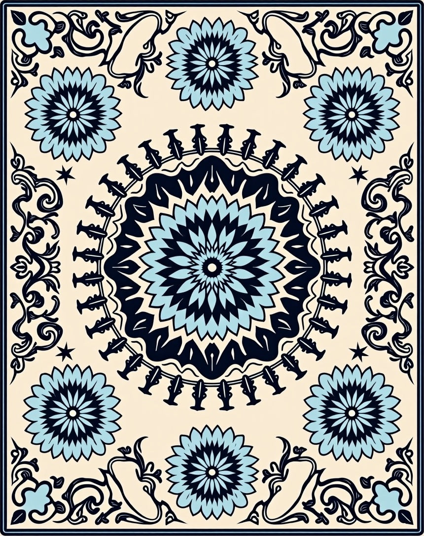 Floral Mandala Medallion Blue Black Rug