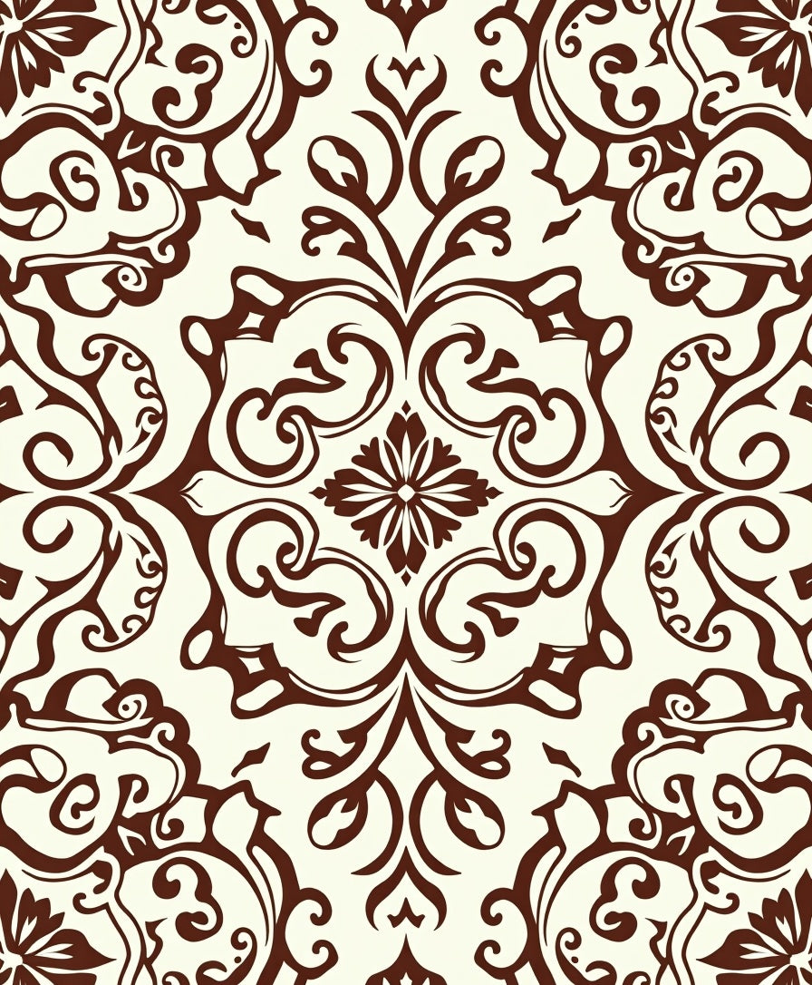 Ornate Brown Floral Scroll Design Rug