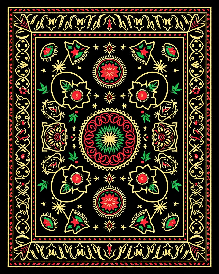 Black Red Green Golden Floral Medallion Tapestry Rug
