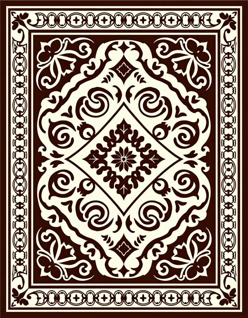 Classic Dark Brown Floral Scroll Pattern Rug