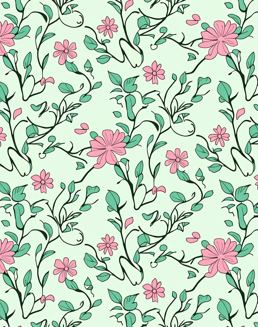 Pink Flower Vine Botanical Pattern Rug