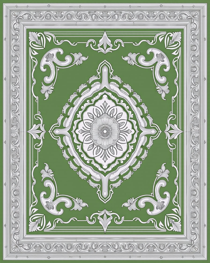 Vintage Green Medallion Scrollwork Pattern Rug