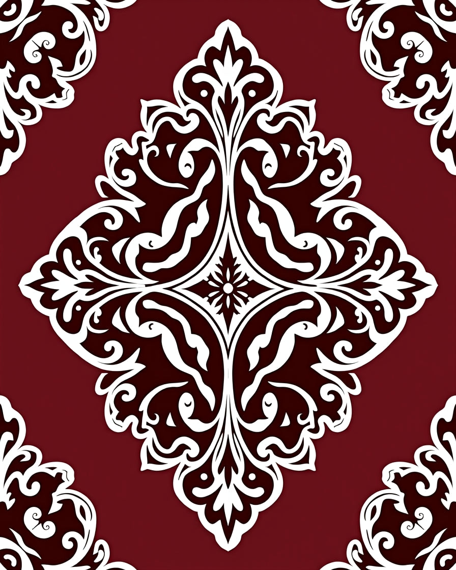 Rich Red Damask Scrollwork Rug