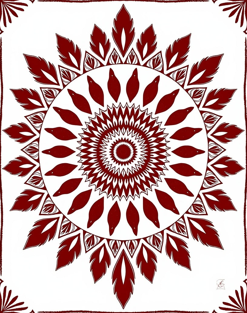 Crimson Sunburst Mandala Pattern Rug