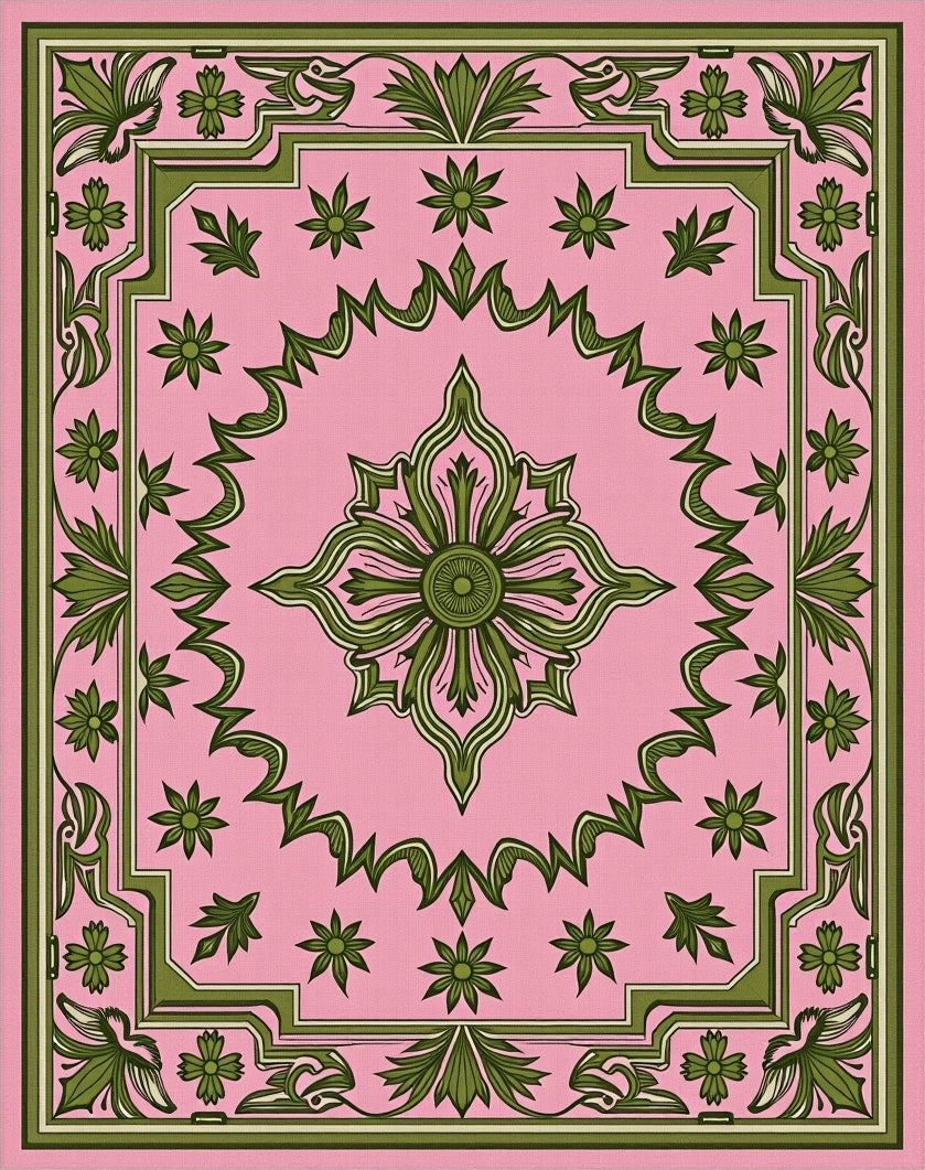 Pink Floral Patterned Art Deco Rug