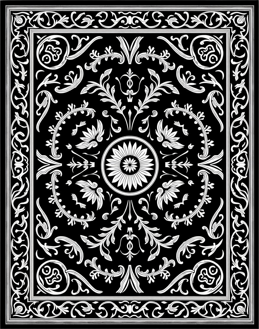 Ornate Floral Scrollwork Monochrome Rug