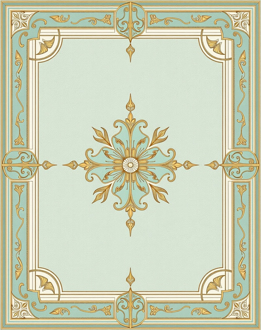 Ornate Teal Gold Floral Frame Rug