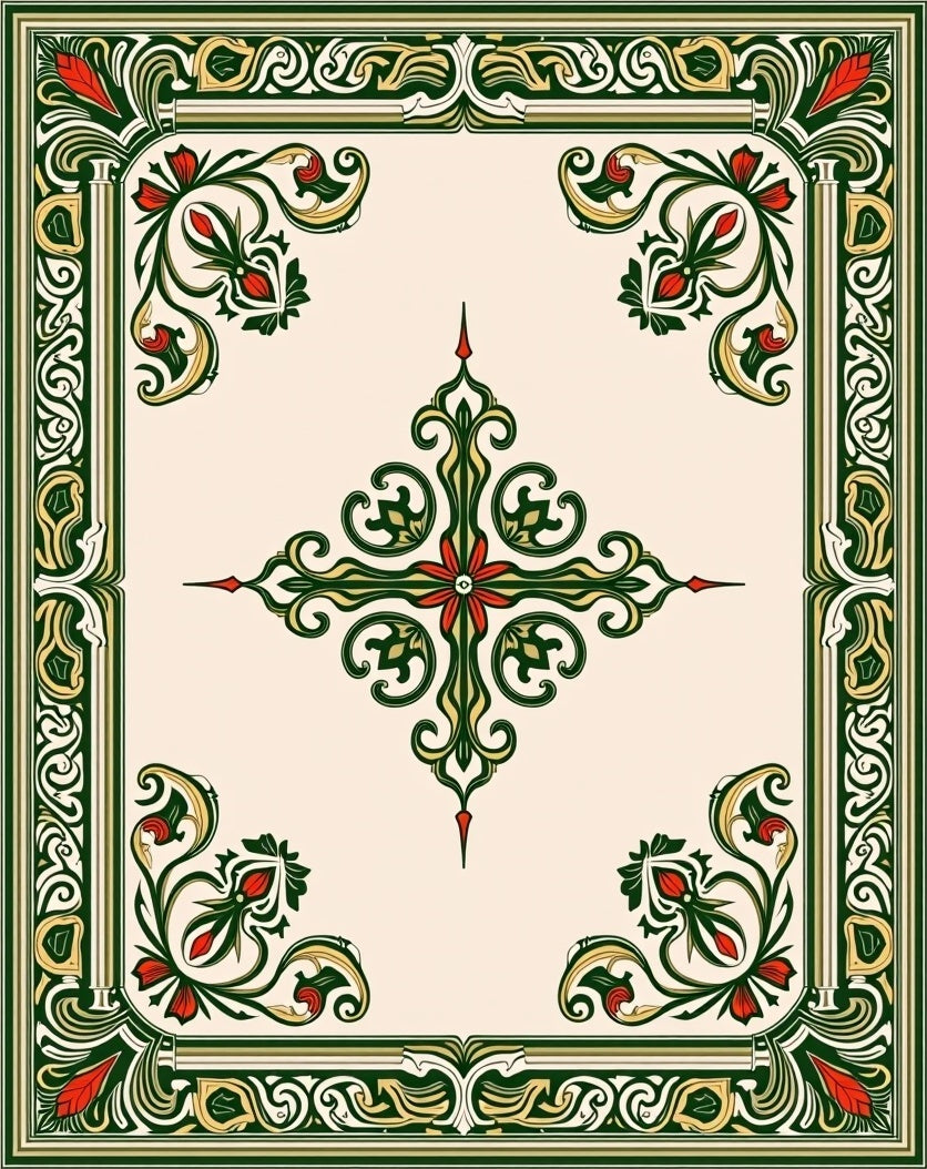 Green Red Floral Symmetry Design Rug