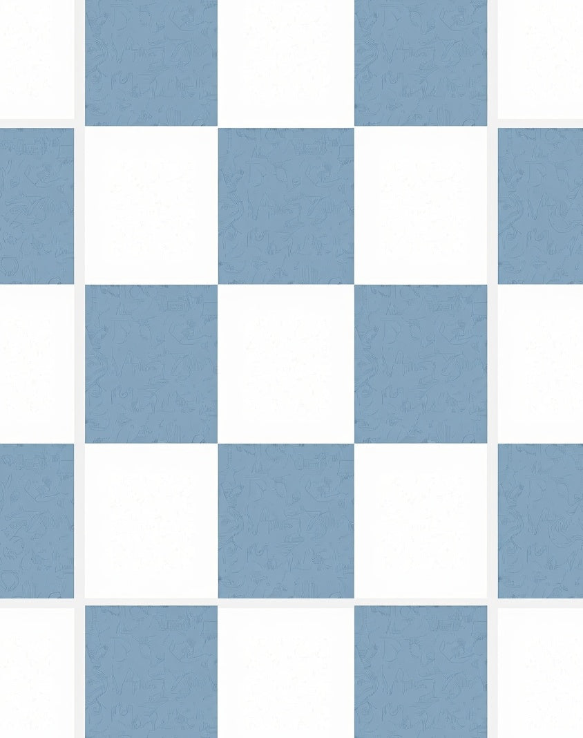 Checkerboard Blue White Figural Pattern Rug