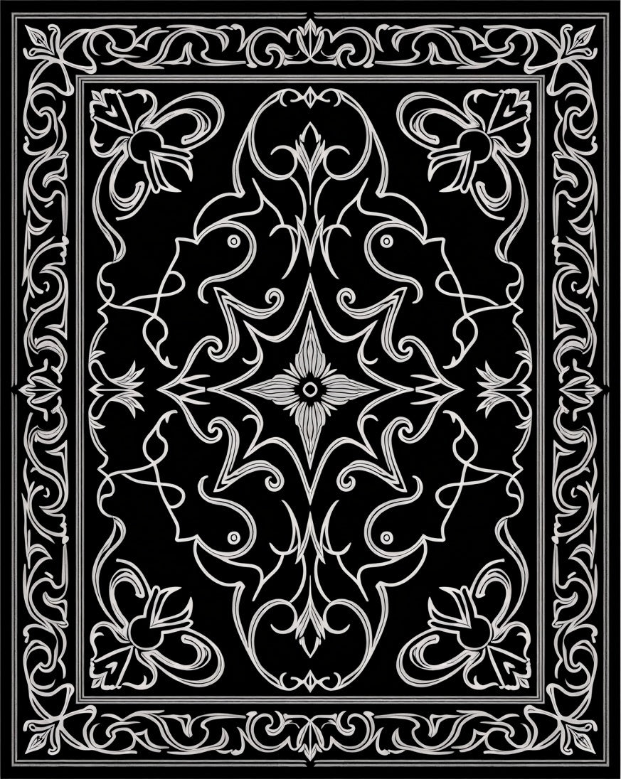 Ornate Floral Scrollwork Black Rug