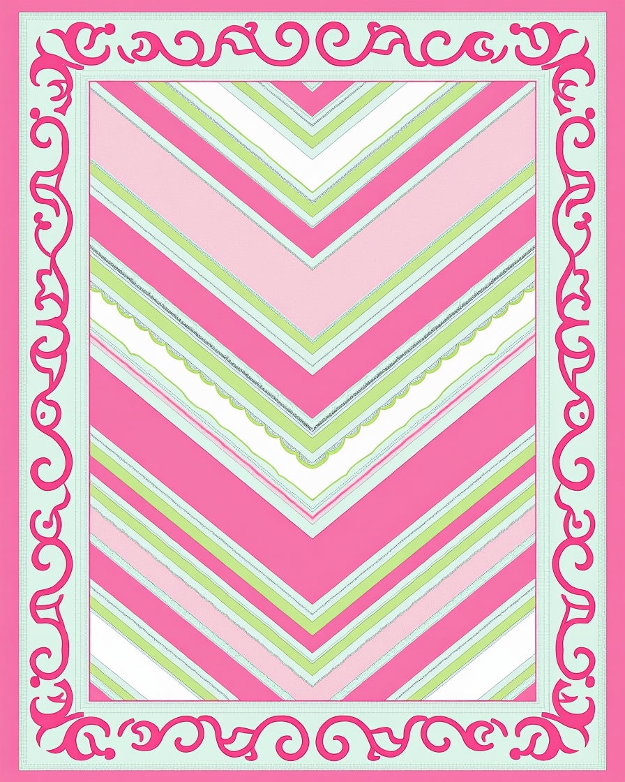 Pink Green Chevron Patterned Decorative Rug