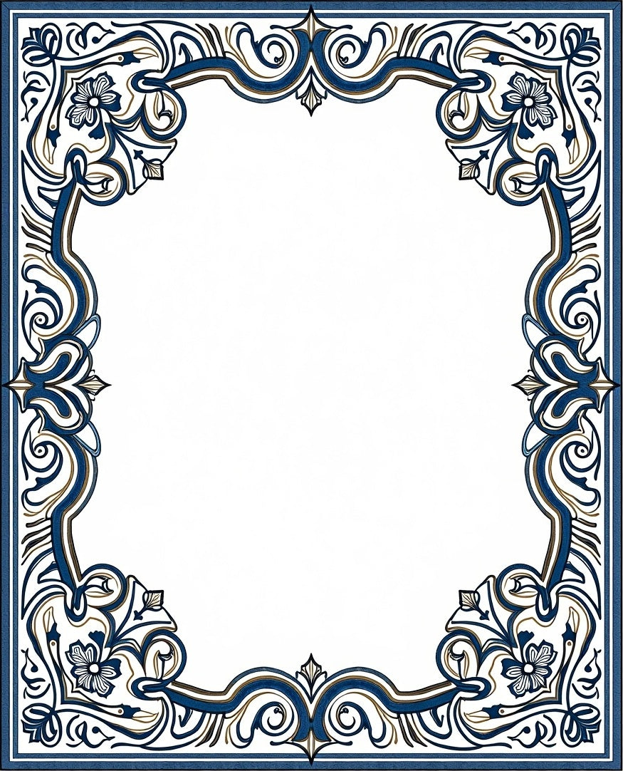 Intricate Blue Floral Scrollwork Frame Rug