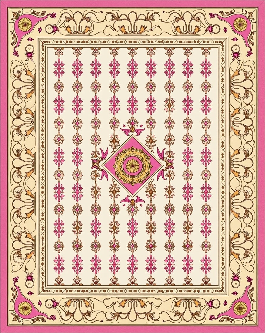 Ornate Pink Gold Floral Lattice Rug