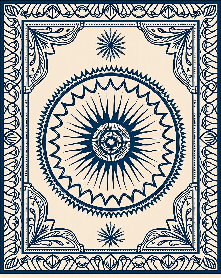 Navy and Cream Sunburst Medallion Rug