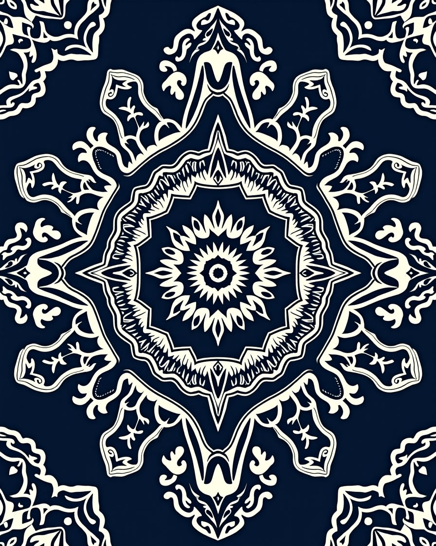 Navy Cream Intricate Mandala Pattern Rug