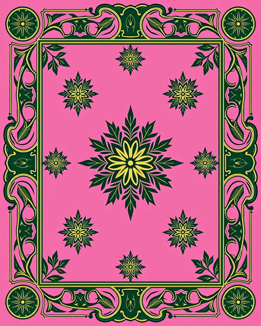 Ornate Floral Frame With Pink Background Rug