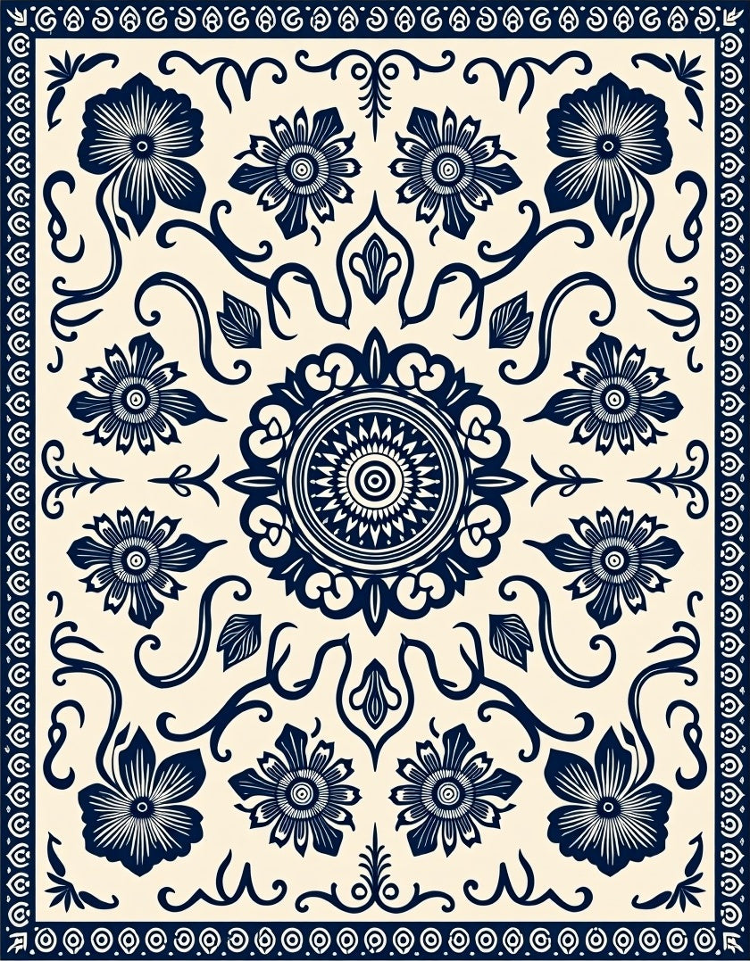 Dark Floral Medallion Patterned Rug