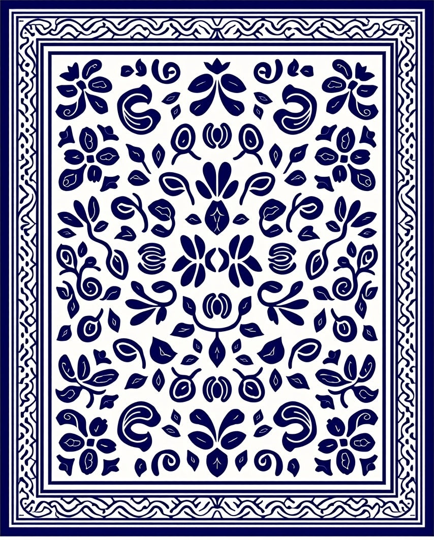 Classic Blue White Floral Pattern Rug
