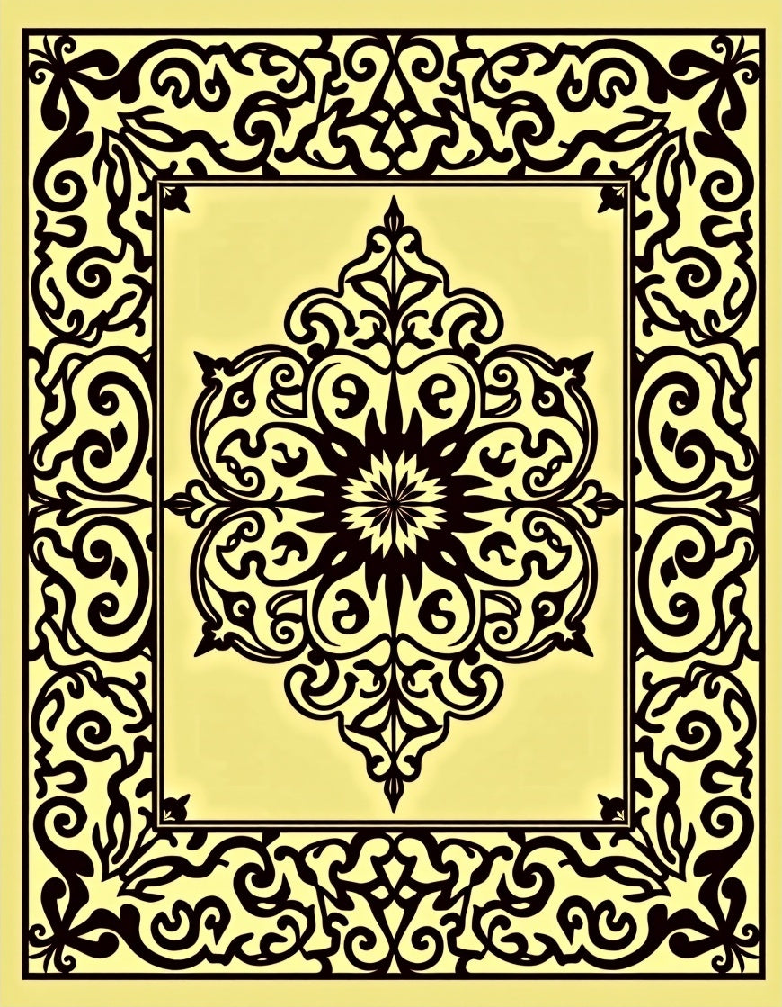 Intricate Black Floral Swirl Medallion Rug