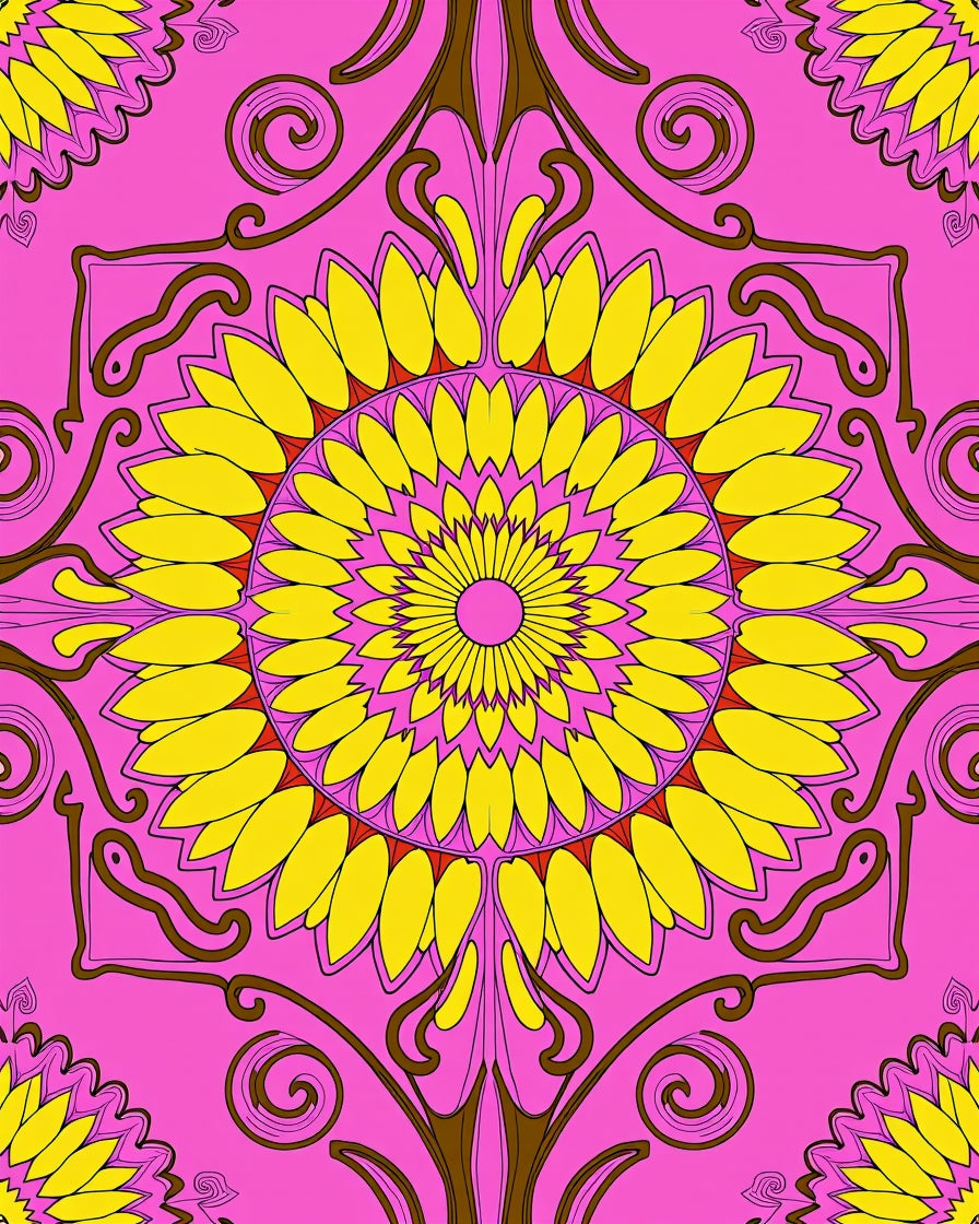 Bright Pink Yellow Sun Mandala Rug