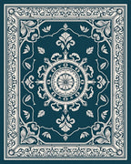 Deep Teal Ivory Intricate Floral Border Rug