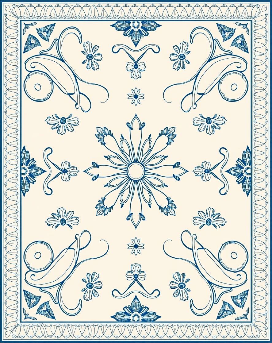 Classic Blue Cream Floral Scroll Rug