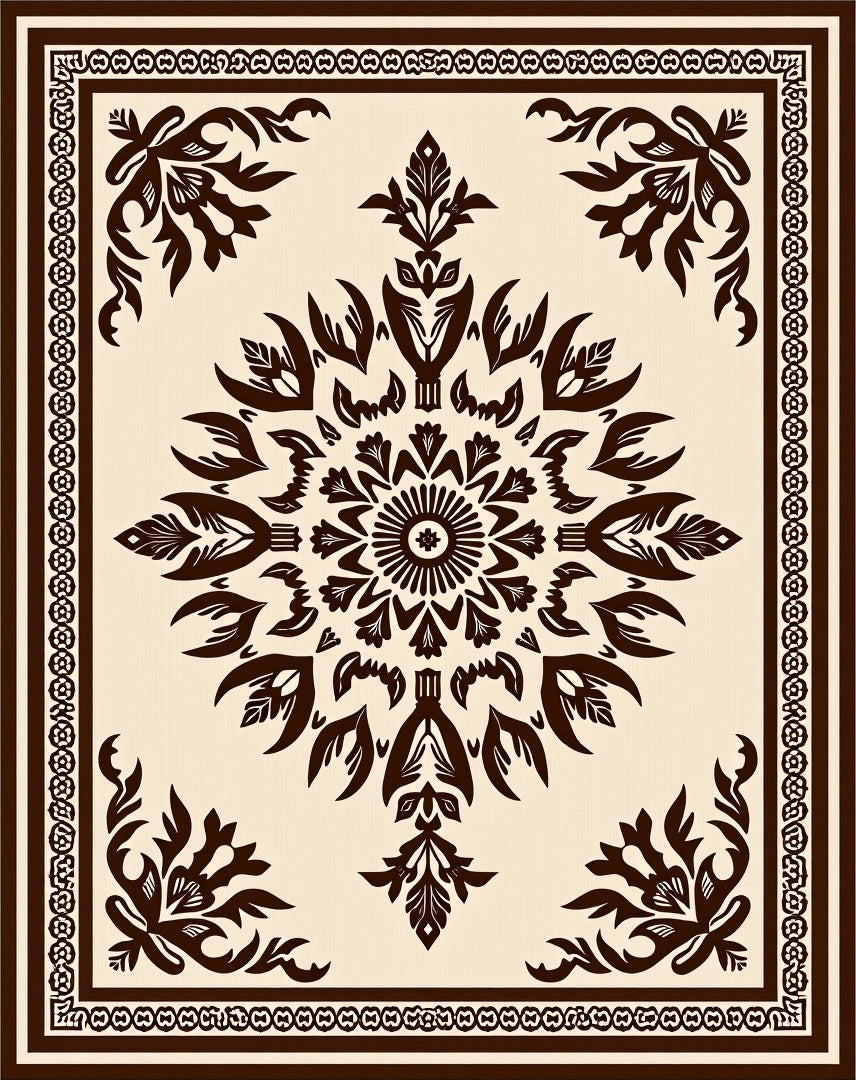 Dark Brown Floral Medallion Cream Rug