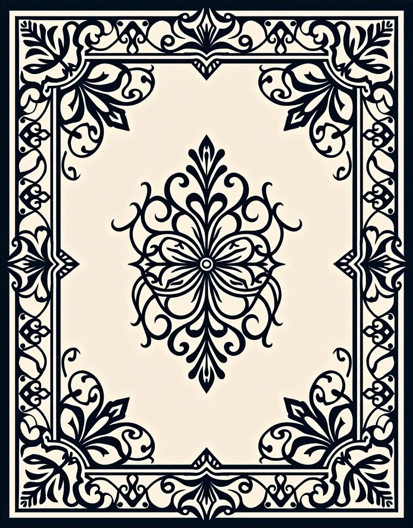 Classic Black Cream Floral Scroll Rug