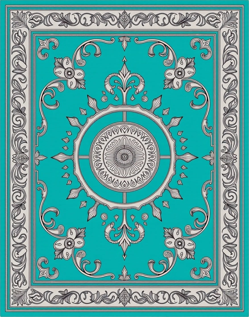 Ornate Teal Grey Floral Medallion Rug