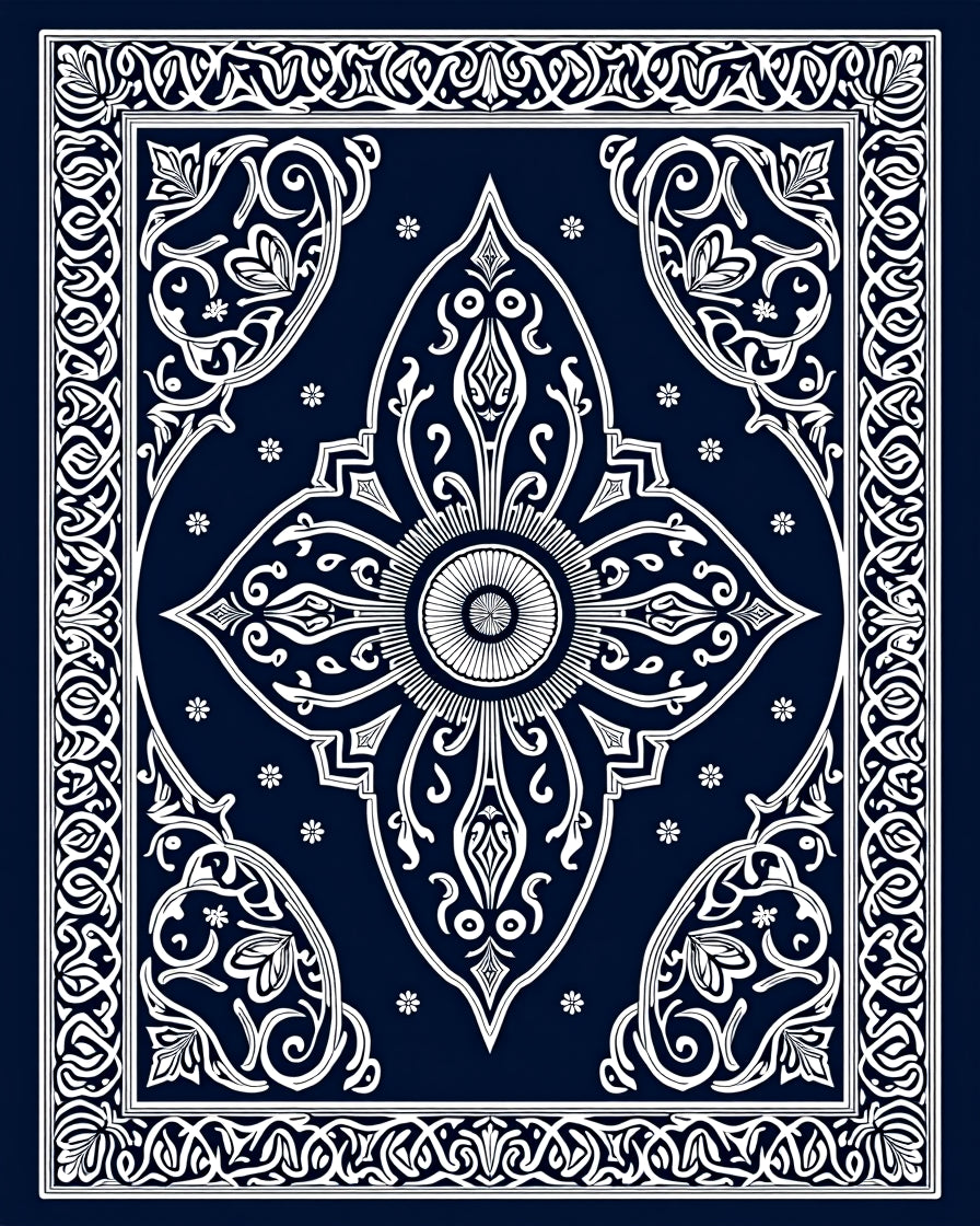 Ornate Floral Scrollwork Indigo Rug