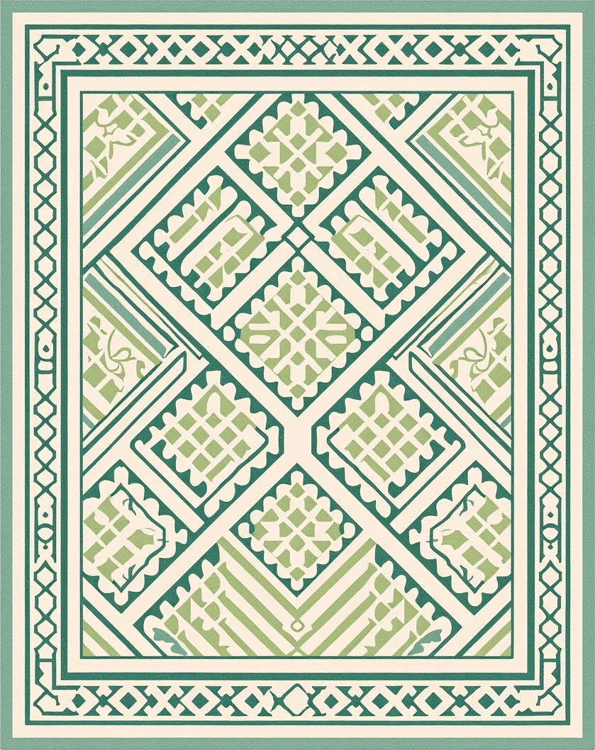 Geometric Patterned Green Cream Rug