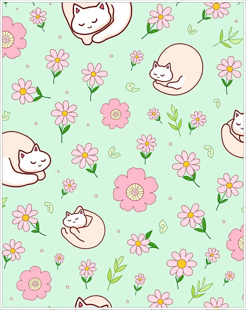 Sweet Sleeping Cats Floral Print Rug