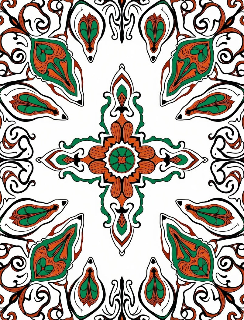 Ornate Orange Green Floral Art Nouveau Rug