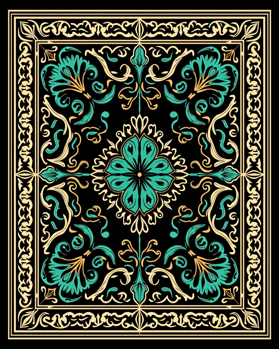Ornate Teal Gold Floral Scroll Rug
