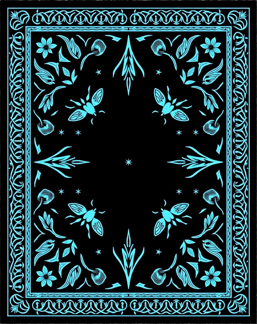 Whimsical Cyan Insect Floral Pattern Rug