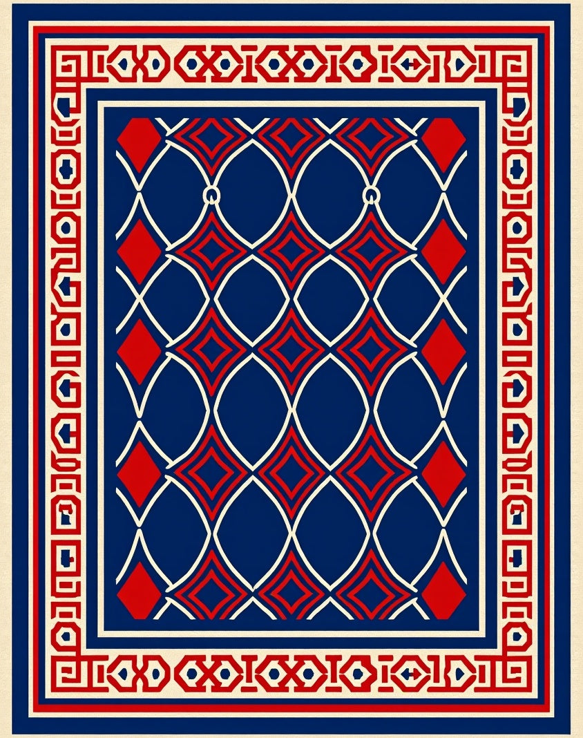 Classic Geometric Red White Blue Design Rug