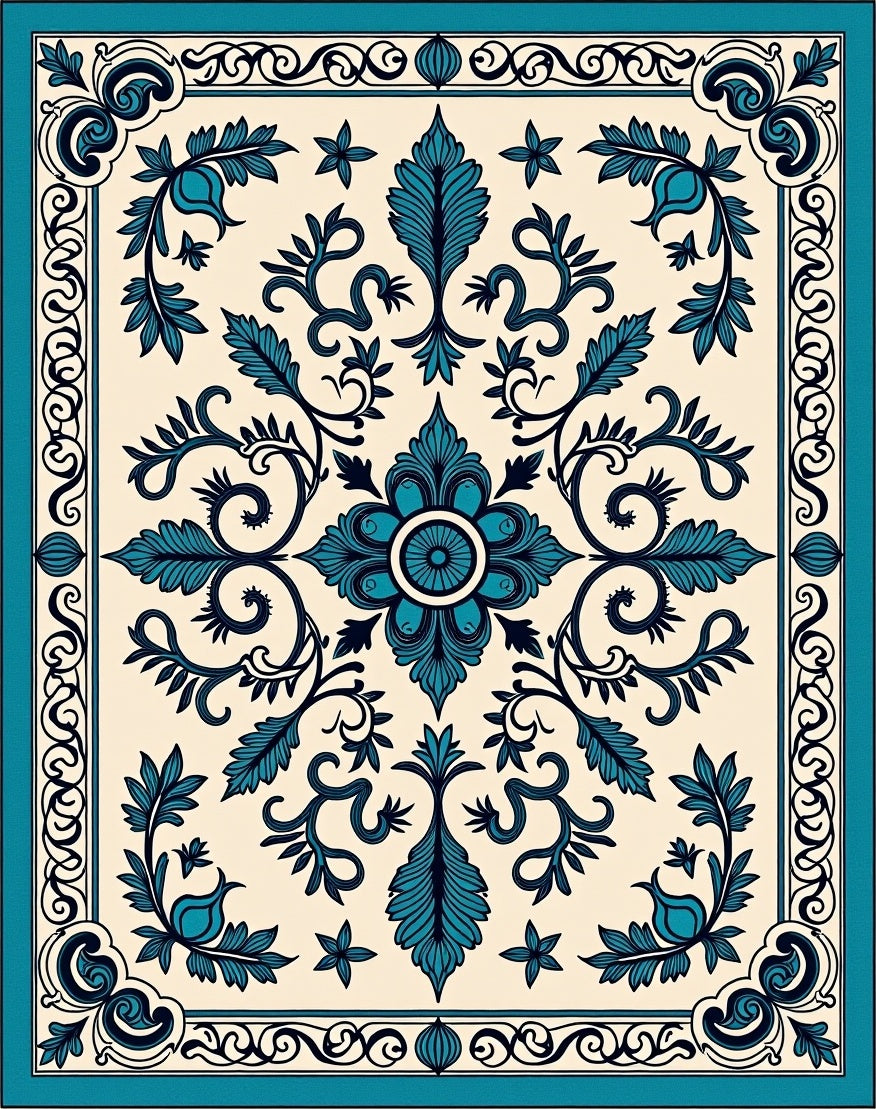 Ornate Teal Floral Scrollwork Design Rug