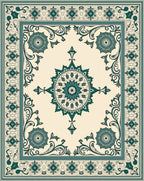 Elegant Teal Floral Medallion Patterned Rug