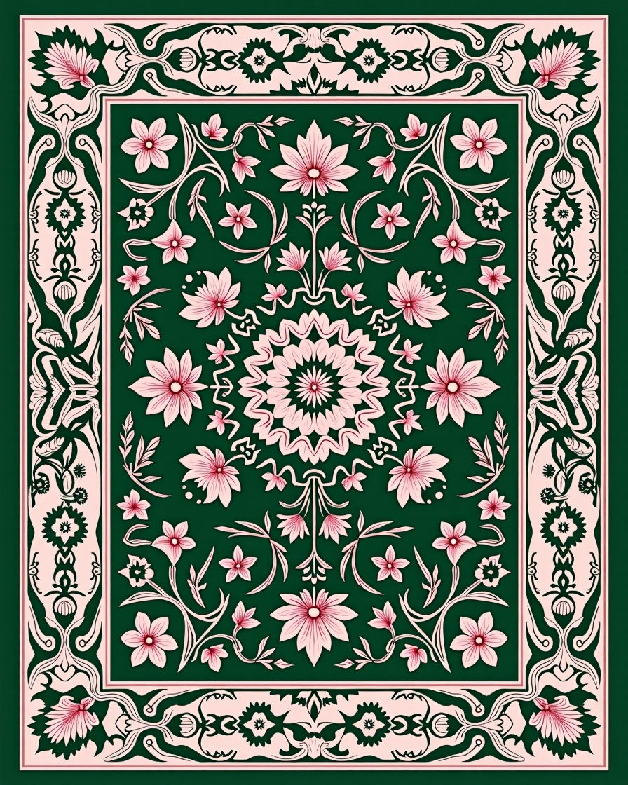 Elegant Floral Medallion Pink Green Rug