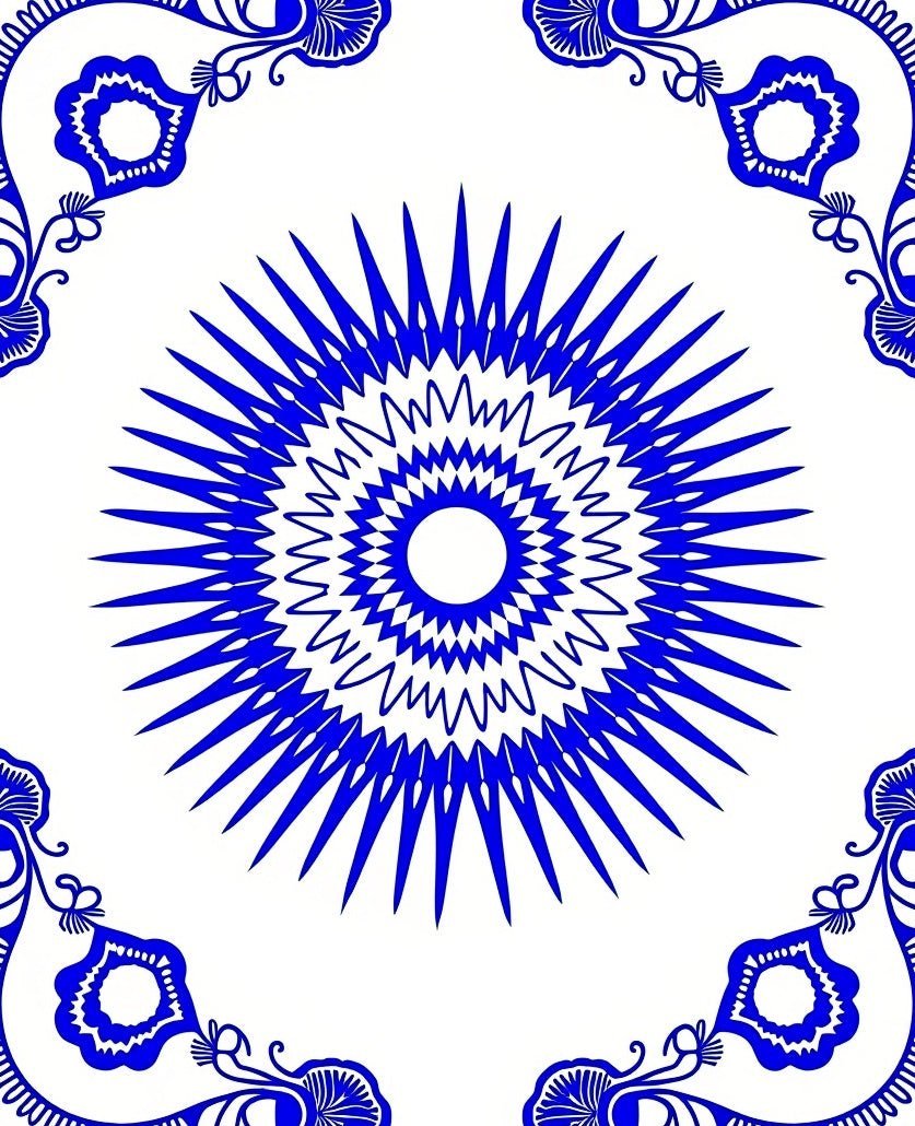 Radial Blue Floral Medallion Pattern Rug