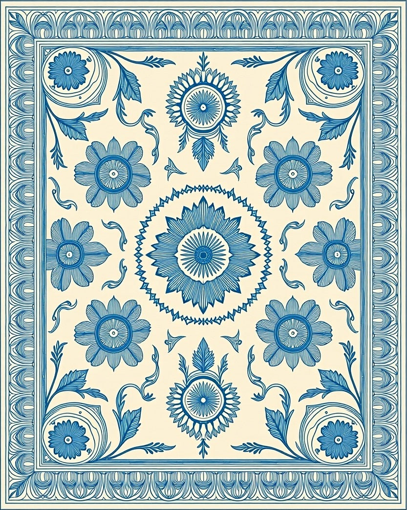 Elegant Blue Floral Medallion Design Rug
