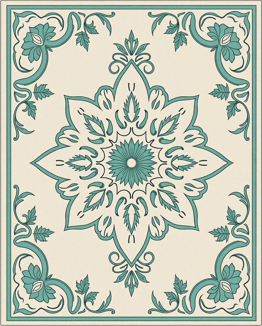 Classic Teal Floral Medallion Design Rug