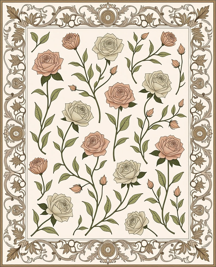 Floral Rose Vines with Ornate Border Rug
