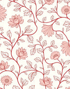 Floral Vine Patterned Red and Ivory Rug