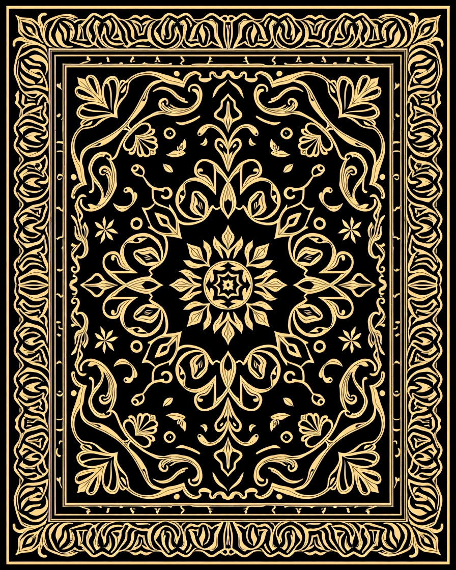 Elegant Gold Floral Scroll Pattern Rug