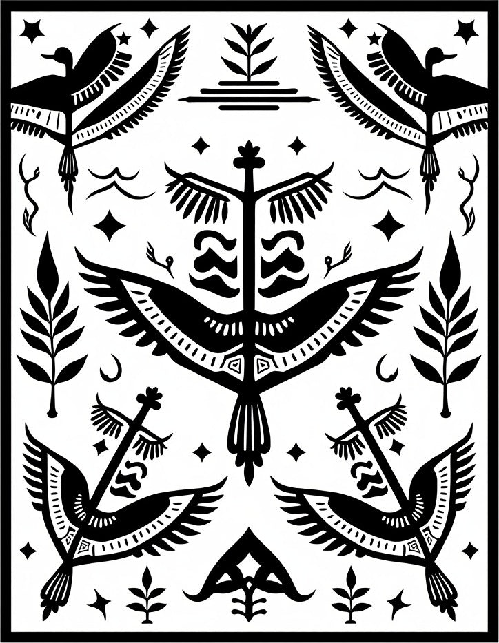 Bold Black Graphic Bird Tree Motif Rug